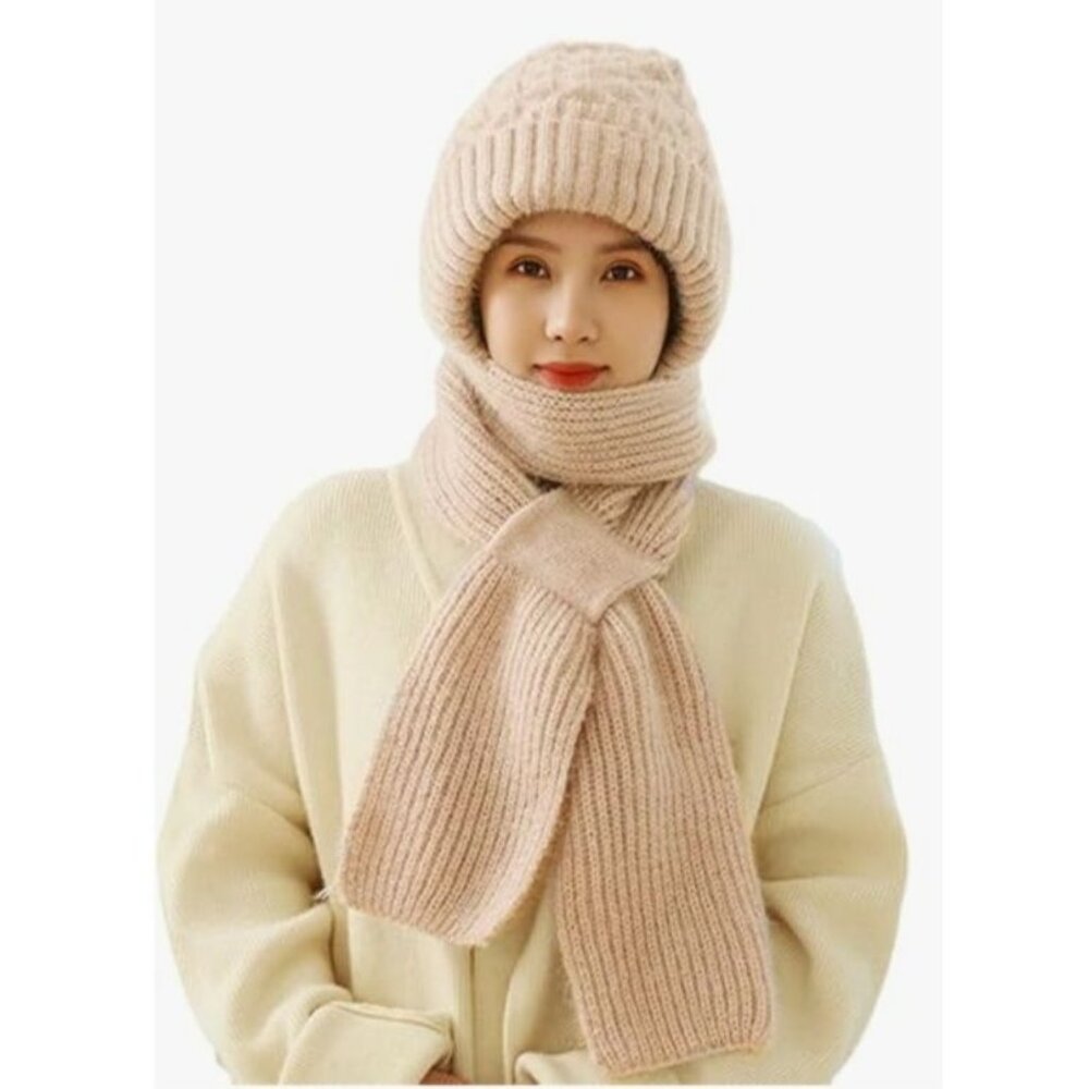 Integrated Ear Protection Windproof Ivory Women's Cream Color Cap Scarf, Winter